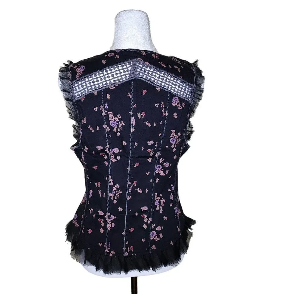 Vintage Y2K Corset Vest Womens Size 10 Black Floral Ruffles Boning - Picture 3 of 8